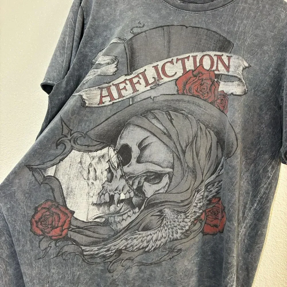 Affliction Shirt Womens Large Gray Skull Roses Top Hat Graphic Tee Gothic
